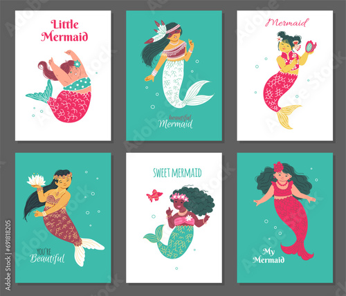 Set of poster or vertical banners with multi ethnic mermaids flat style