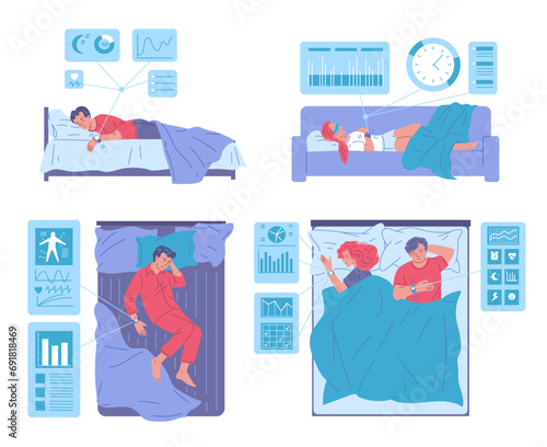 People sleeping with smart watch tracking quality of sleep, flat vector illustration isolated on white background.