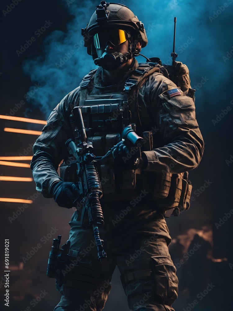 Fototapeta premium soldier standing in fog and fire war scene duty, dark photography , solider portrait .neon lights