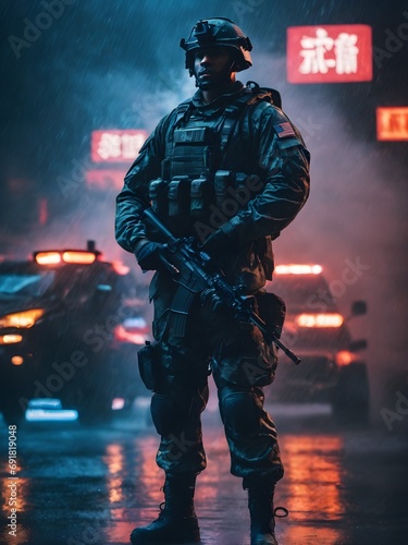 soldier standing in fog and fire war scene duty, dark photography , solider portrait .neon lights