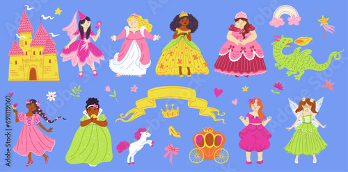 Fairy tale characters collection set, multi ethnic beautiful princesses, castle, dragon, brougham vector illustrations