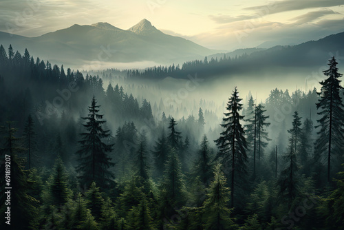 Misty landscape with fir forest