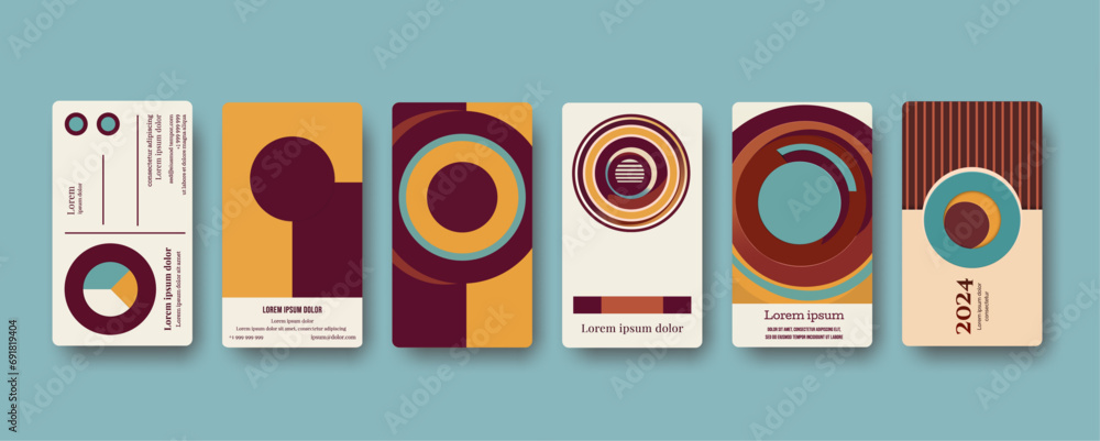 Creative covers posters in minimal retro style of 70s for corporate identity, branding, social media ads, promo, business cards. Layout design template with retro colors palette of the 1970s