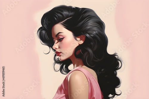 Vintage Rock Pin up Girl with Black curly hair and red lipstick wearing a dress, sexy alluring beautiful, classy digital illustration pink summer background