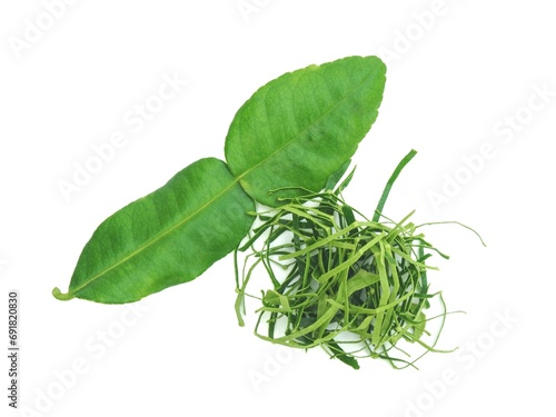 Fresh organic kaffir lime leaves, no chemicals, cut into pieces as a cooking ingredient. Green leaves, placed on a white background.