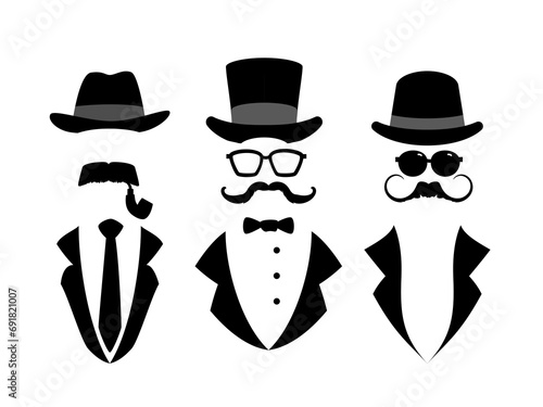 Vintage silhouettes set of vector invisible men, bowler hat, mustaches, glasses, suit and tie retro gentleman hipster