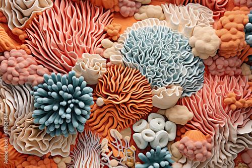Close-up of a colorful coral reef. Biophilic design. Organic abstract background