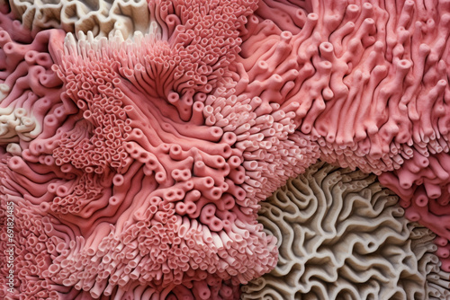 Close-up of a pink coral reef. Biophilic design. Organic abstract background
