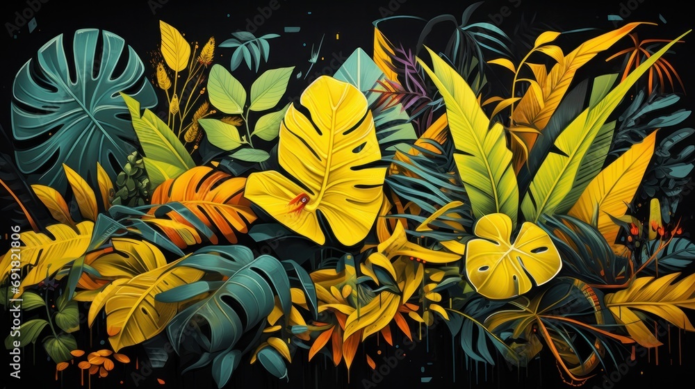 Graffiti drawing of tropical leaves with yellow, in the style of hip hop aesthetics, allover composition, playful still lifes, bold-graphic, letras y figuras, editorial illustrations - obrazy, fototapety, plakaty 