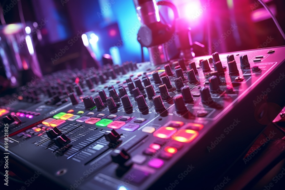 A close-up of a sound mixer with glowing lights, capturing the ambiance of a club party A close-up of a sound mixer with glowing lights, capturing the ambiance of a club party