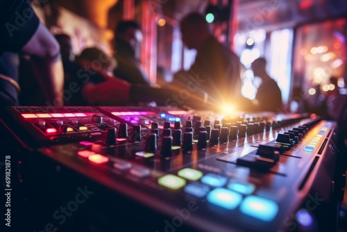 A close-up of a sound mixer with glowing lights, capturing the ambiance of a club party