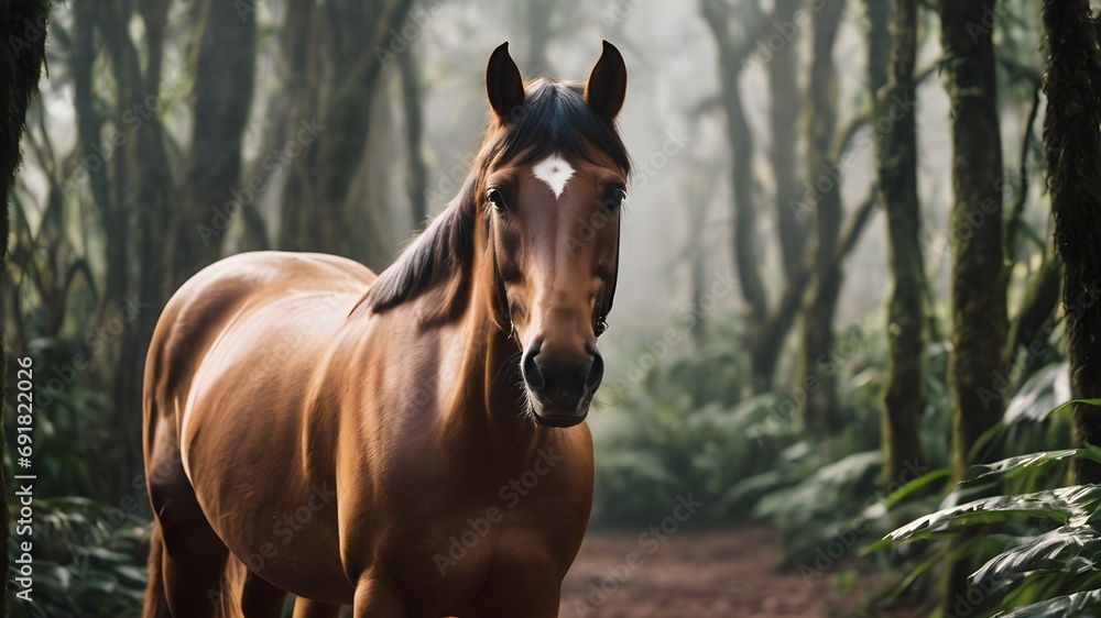 Portrait of a brown bay warmblood horse gelding running  - obrazy, fototapety, plakaty 