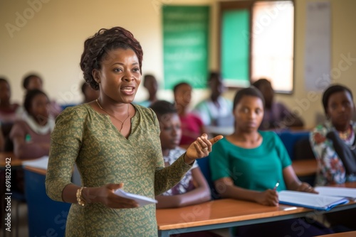 A female teacher instructing students in a university classroom