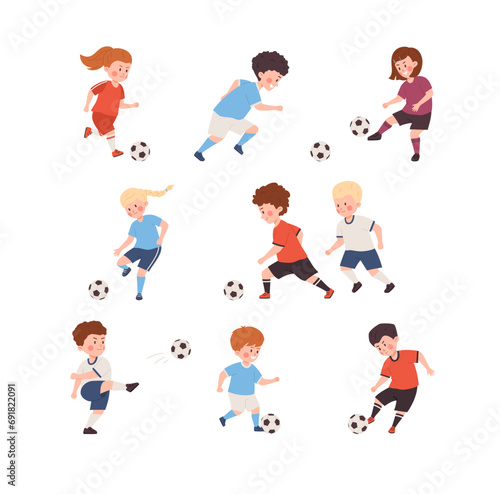 Happy boys and girls playing soccer  football sport game  have fun together  kids in action vector illustrations set