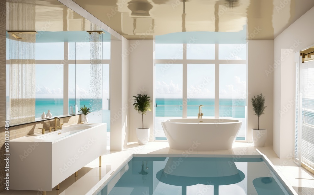 luxury bathroom interior with bathtub with beach, ocean view, golden and white, 3d render