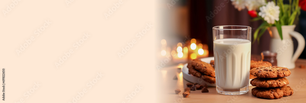 Delicious and healthy: a glass of milk, oatmeal cookies. Calcium for bones, cereals for energy. The banner Delicious and healthy: a glass of milk, oatmeal cookies. Calcium for bones, cereals for energy. The banner