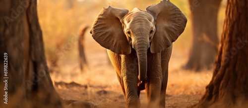 Blurred tip of the trunk on a cute baby African Elephant with flapping ears and extended trunk in South Luangwa National Park, Zambia.