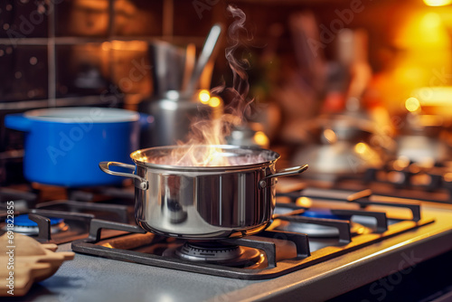 Gas stove with saucepans in kitchen photo