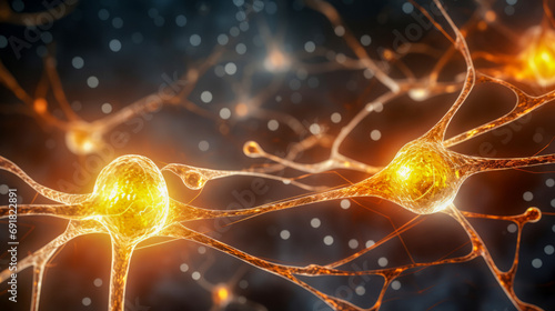 Golden glowing cells of abstract neural network