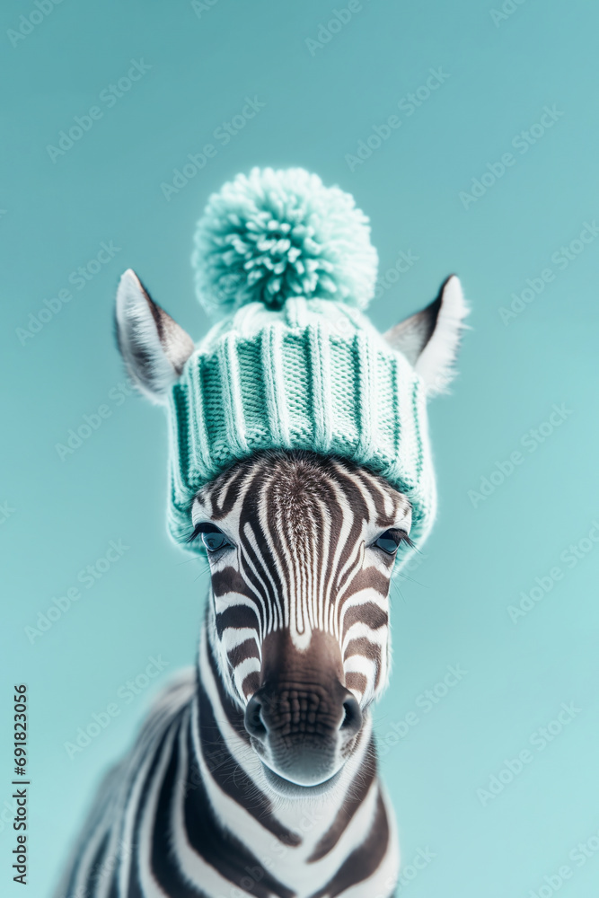 Naklejka premium Funny Zebra in mint-colored knitted hat on light background