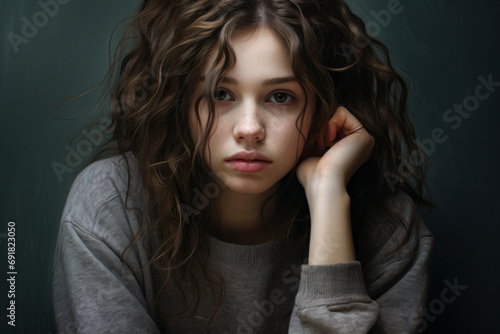 Portrait of young woman with distressed sad expression on her face