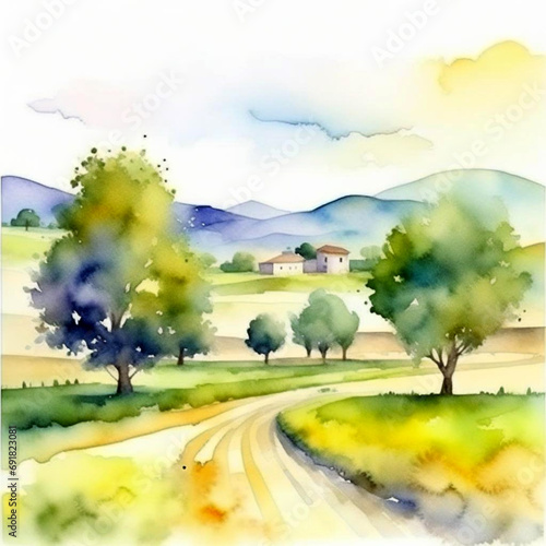 Olive plantation with old olive trees in Italy watercolor illustration. Summer landscape.