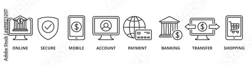 Online banking banner web icon vector illustration concept with icon of account, online payment, transfer funds, mobile banking, internet banking, balance check, transaction report, global transfer