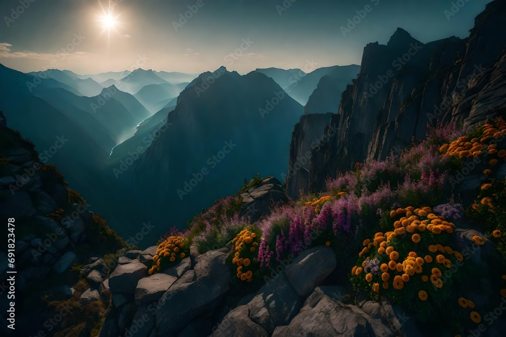 A rocky mountain ledge overlooking a misty abyss, adorned with resilient flowers clinging to the rugged terrain. - obrazy, fototapety, plakaty 
