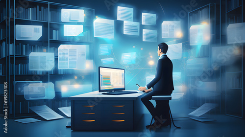 Document Management System or DMS setup by IT consultant with modern computer are searching managing information and corporate files.Business processing,Software for archiving concept . Generative Ai.