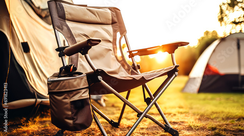 Camping chair and camping tent at sunset. Vacation concept. photo