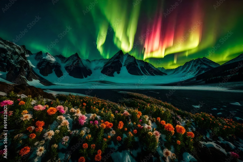 A surreal mountain landscape under a sky ablaze with the colors of the Northern Lights, with flowers aglow in the foreground.