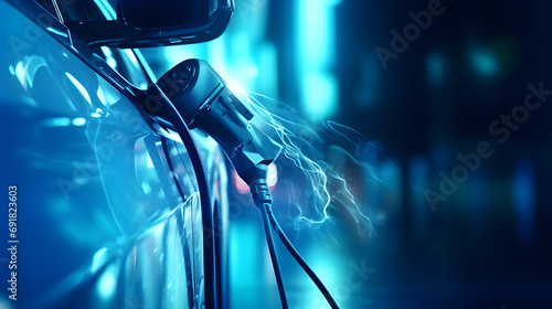 Double exposure Electric vehicle EV car Power cable wirh pump plug in charging power to electric vehicle EV car on virtual modern technology UI information display,innovation sustainab. Generative Ai. photo
