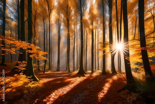 Autumn forest nature. Vivid morning in colorful forest with sun rays through branches of trees. Scenery of nature with sunlight © Badar