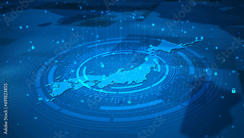 Futuristic technology digital circle security system Japan map HUD