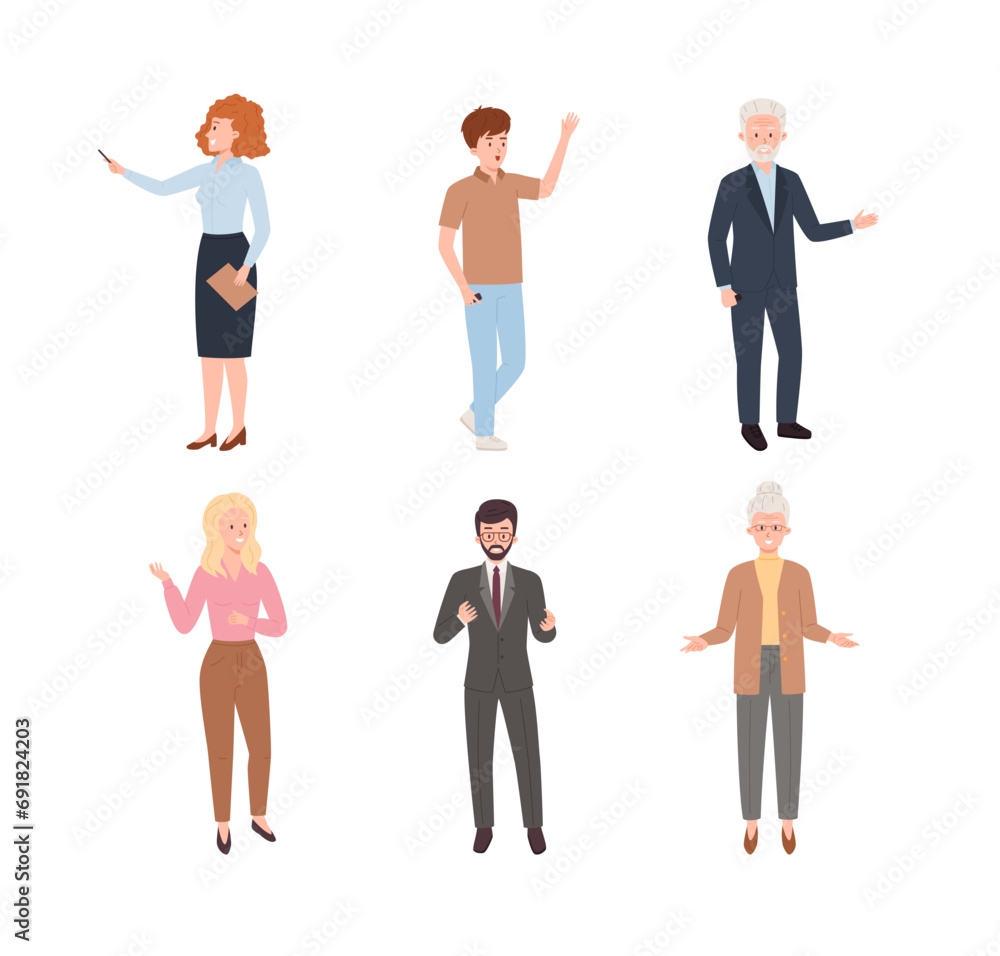 Fototapeta premium Presenters speakers explaining during presentation, flat vector isolated.