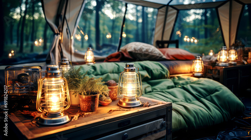 Interior of a camping tent in the forest. Camping.