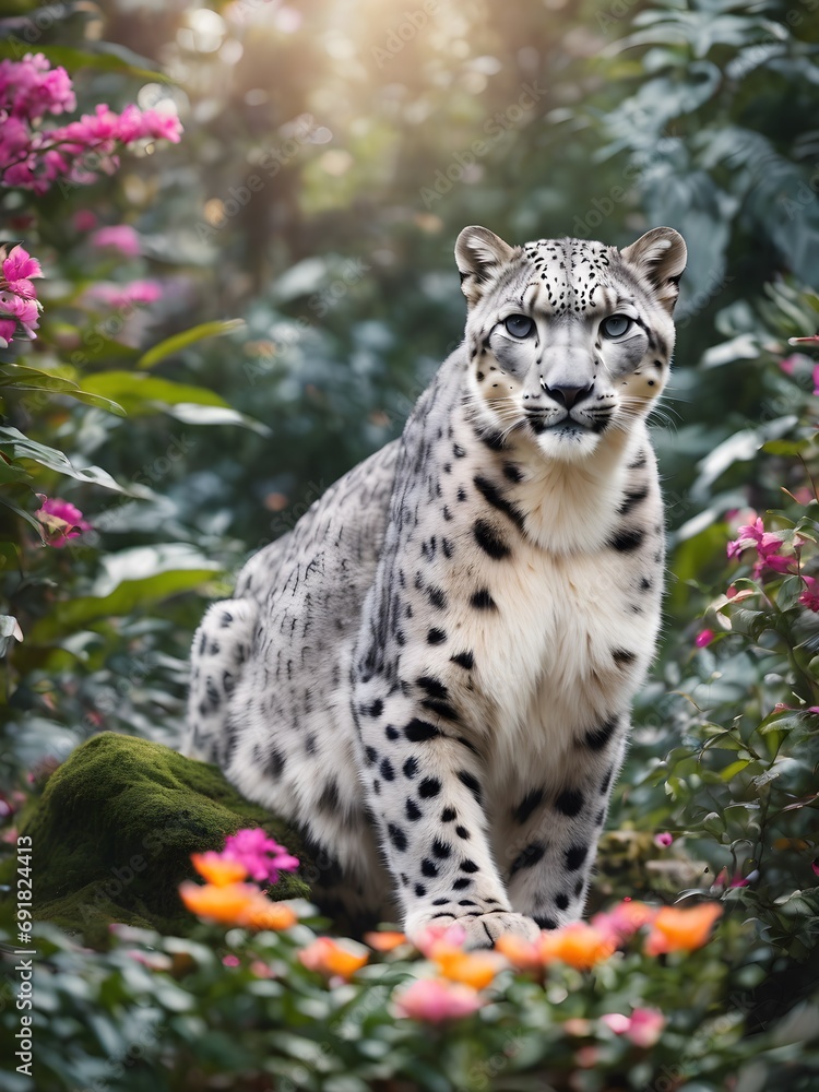Obraz premium snow leopard in the middle of the jungle ,flower jungle ,photography
