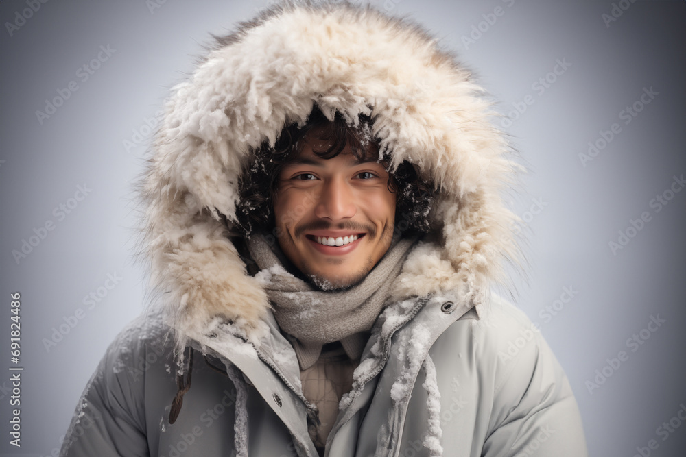Happy Man in a Stylish Fur Hood. Casual Elegance Happy Man in a Stylish Fur Hood. Casual Elegance