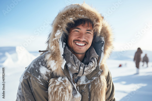 Smiling Asian Man in Eskimo Attire. Joyful Winter Moments