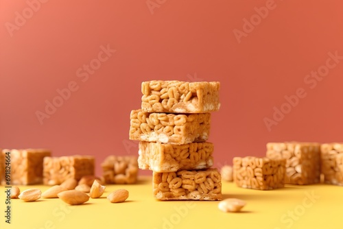 Stack of crackers with peanuts on color background, close-up photo