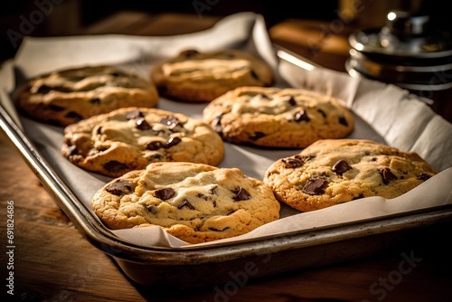 Chocolate chip cookies on a baking sheet. Shallow dof.