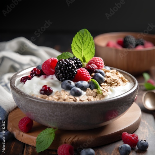 Greek yogurt with fresh berries and muesli in bowl on wooden table photo
