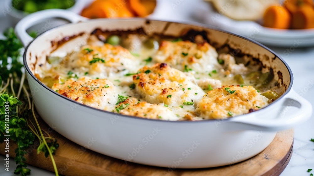 Cauliflower gratin with cheese and herbs in a baking dish
