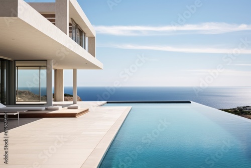 A minimalist villa featuring a pool and an expansive ocean view on the horizon