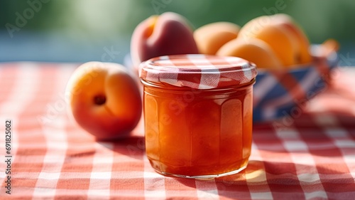 Apricot jam in a glass jar on a checkered tablecloth photo