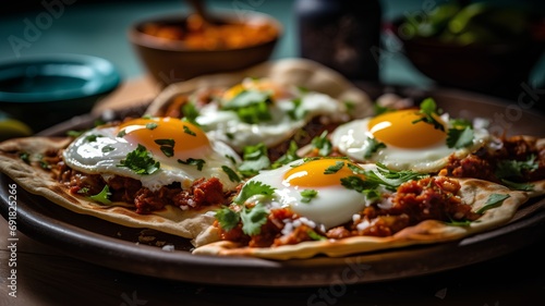 Mexican tacos with meat, cheese and fried eggs on wooden table