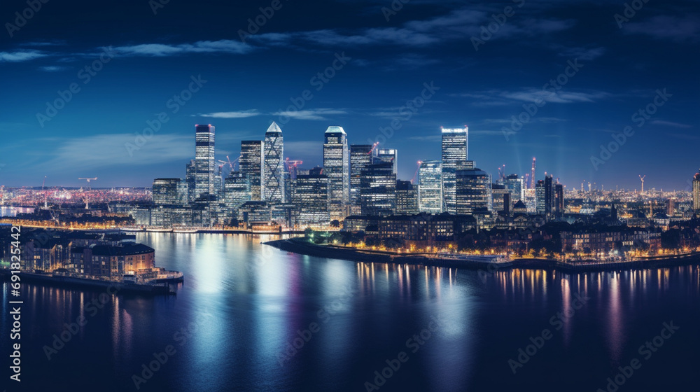 Modern Metropolis Illuminated at Dusk with Skyscrapers Reflecting on Water