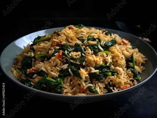 Fried rice with spinach and dried tomatoes on a dark background.