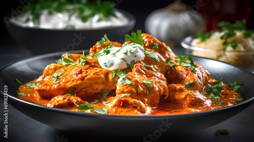 Chicken tikka masala in tomato sauce. Indian cuisine.