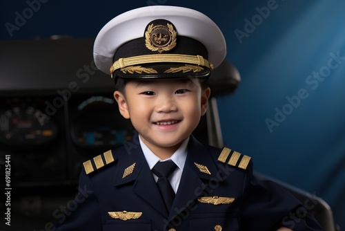Portrait of young asian boy wearing pilot uniform